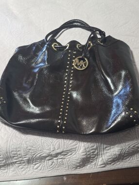 Michael Kors  brown Patent Leather Hobo with Gold Stud Details